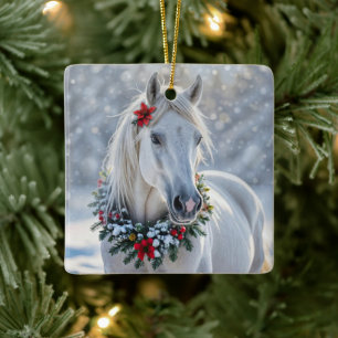 Pretty White Horse with Wreath Christmas Holiday Ceramic Ornament