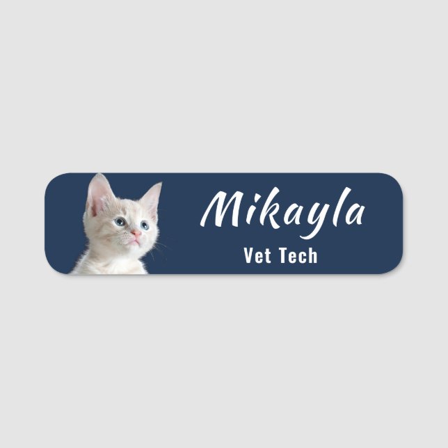 Pretty White Kitty Vet Tech   Name Tag (Front)