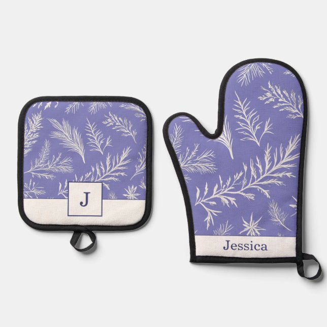Pretty White Leaf Pattern Lavender Purple Elegant Oven Mitt & Pot Holder Set (Front)