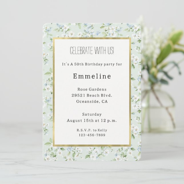 Pretty White Light Blue Floral Birthday Invitation (Standing Front)