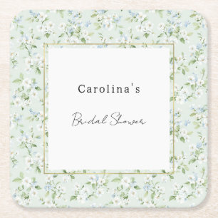 Pretty White Light Blue Floral Bridal Shower Square Paper Coaster