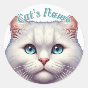 Pretty White Longhair Cat • Personalised Classic Round Sticker