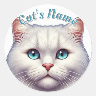 Pretty White Longhaired Cat • Personalised Classic Round Sticker