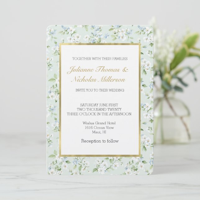 Pretty White Mint Light Blue Floral Wedding Invitation (Standing Front)