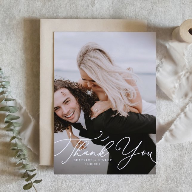 Pretty White Modern Calligraphy Photo Wedding Thank You Card (Creator Uploaded)