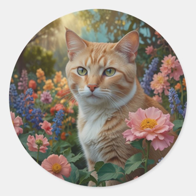 Pretty white orange cat in floral garden classic round sticker (Front)