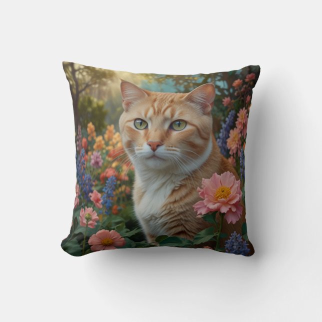 Pretty white orange cat in floral garden cushion (Front)