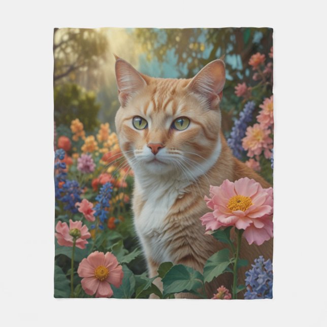 Pretty white orange cat in floral garden fleece blanket (Front)