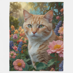 Pretty white orange cat in floral garden fleece blanket