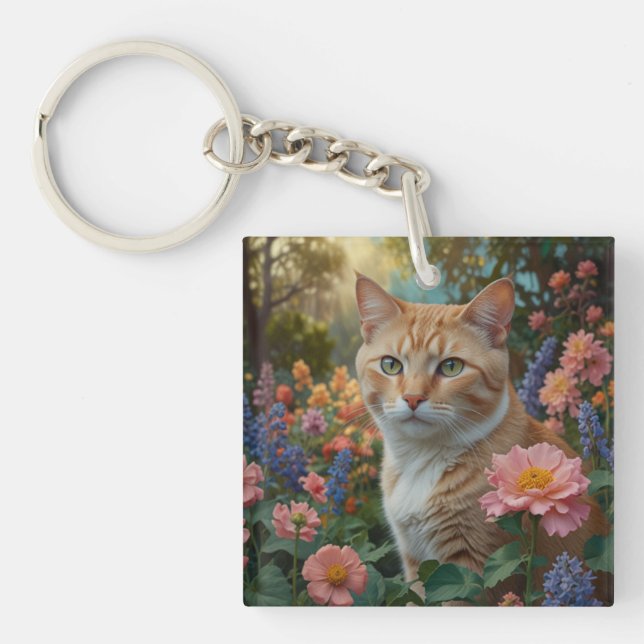 Pretty white orange cat in floral garden key ring (Front)