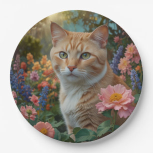 Pretty white orange cat in floral garden paper plate