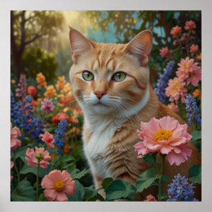 Pretty white orange cat in floral garden poster