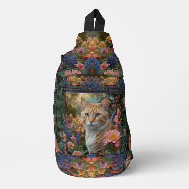 Pretty white orange cat in floral garden sling bag (Front)