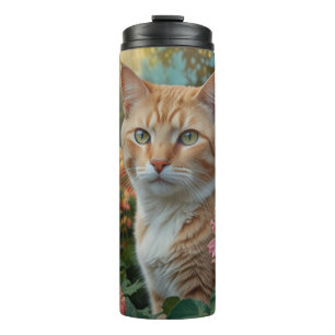 Pretty white orange cat in floral garden thermal tumbler