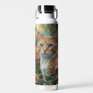Pretty white orange cat in floral garden water bottle