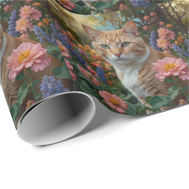 Pretty white orange cat in floral garden wrapping paper (Roll Corner)