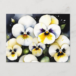 Pretty white pansies watercolor painting postcard