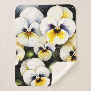 Pretty white pansies watercolor painting sherpa blanket