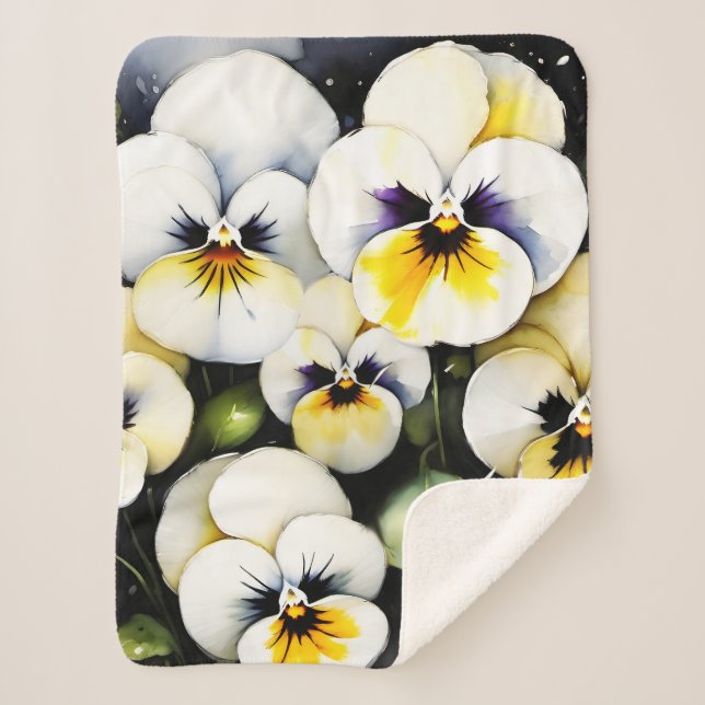 Pretty white pansies watercolor painting sherpa blanket (Front)