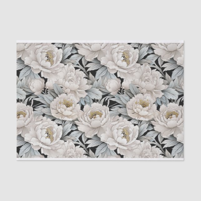 Pretty White Peonies Illustration Light Background Tissue Paper (Front)