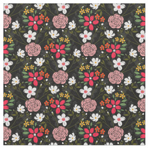 Pretty White Pink Floral Black Brush Strokes Fabric