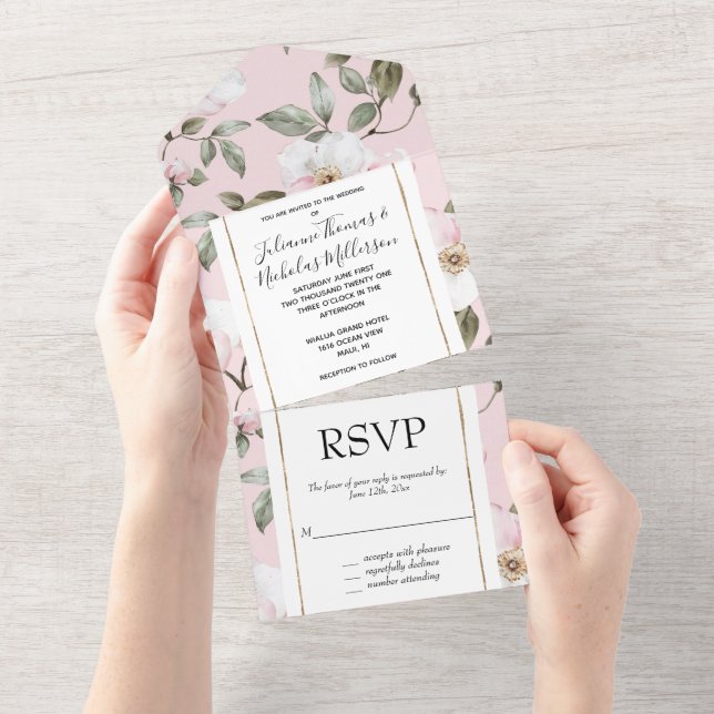 Pretty White Pink Floral Wedding All In One Invitation (Tearaway)