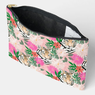 Pretty White Pink Tiger Floral Painting Accessory Pouch