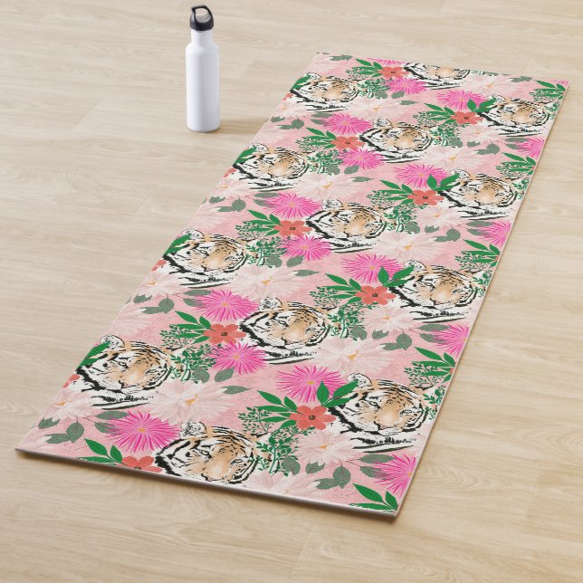 Pretty White Pink Tiger Floral Painting Yoga Mat (In Situ)