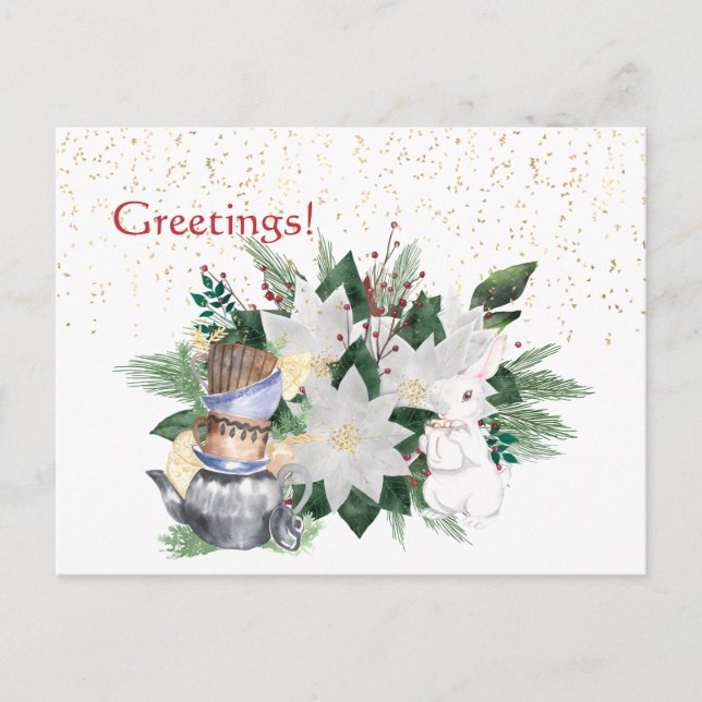 Pretty White Poinsettia Rabbit Christmas Postcard (Front)