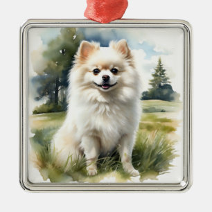 PRETTY WHITE POMERANIAN PUPPY DOG METAL TREE DECORATION
