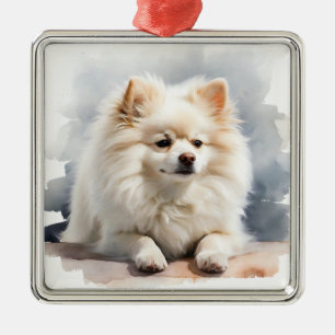PRETTY WHITE POMERANIAN PUPPY DOG METAL TREE DECORATION