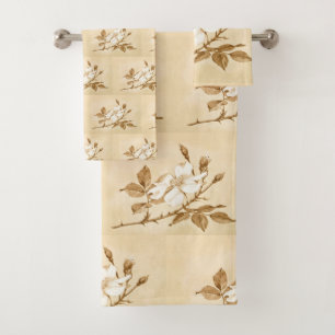 Pretty White Rose Botanical Floral Block Pattern Bath Towel Set