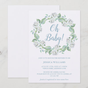 Pretty White Roses Flower Wreath Baby Shower Invitation