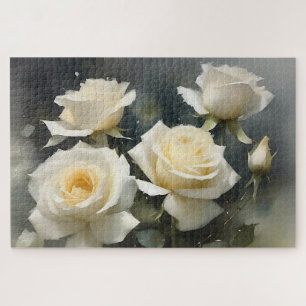 Pretty white roses garden watercolor painting jigsaw puzzle