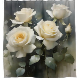 Pretty white roses garden watercolor painting shower curtain
