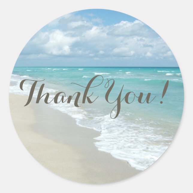 Pretty White Sand Beach/Wedding Thank You Classic Round Sticker (Front)