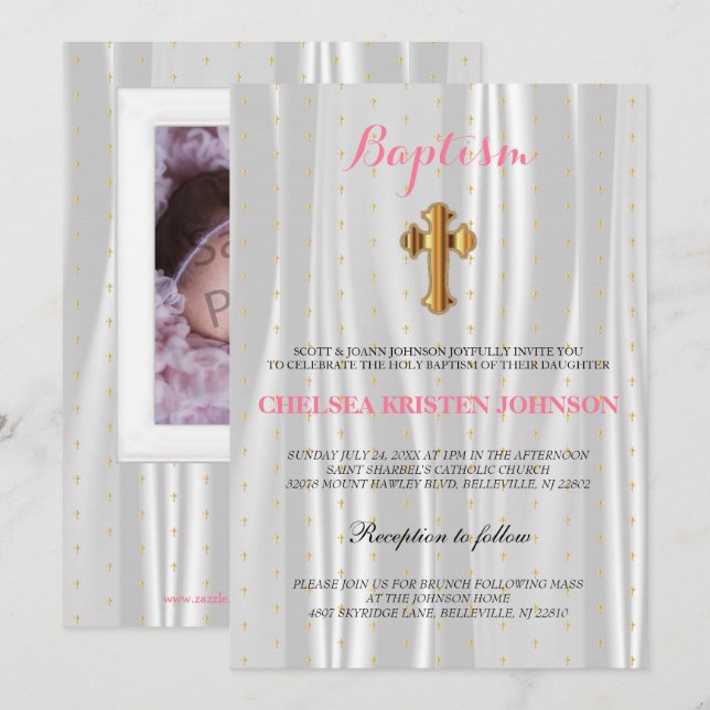 Pretty White Satin Baptism / Christening Invitation (Front/Back)