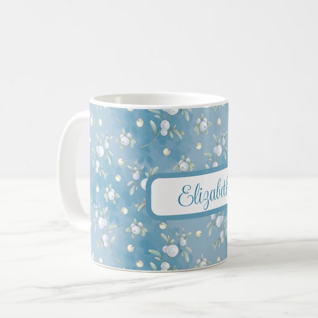 Pretty White Snowberries, Green Leaves on Blue   Coffee Mug (Front Left)