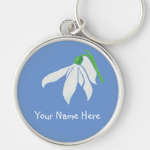 Pretty White Snowdrop Flower on Blue Key Ring