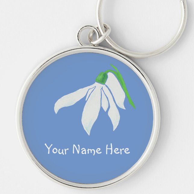 Pretty White Snowdrop Flower on Blue Key Ring (Front)