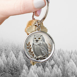 Pretty White Snowy Owl Winter Key Ring