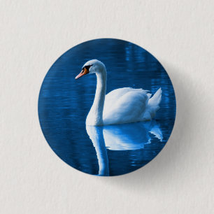 Pretty white swan floating on a blue lake 3 cm round badge