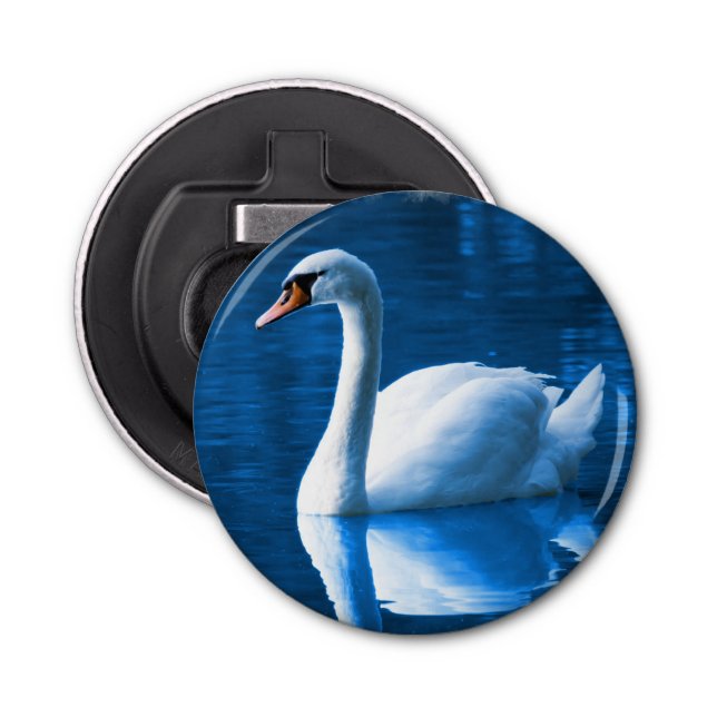 Pretty white swan floating on a blue lake bottle opener (Front)