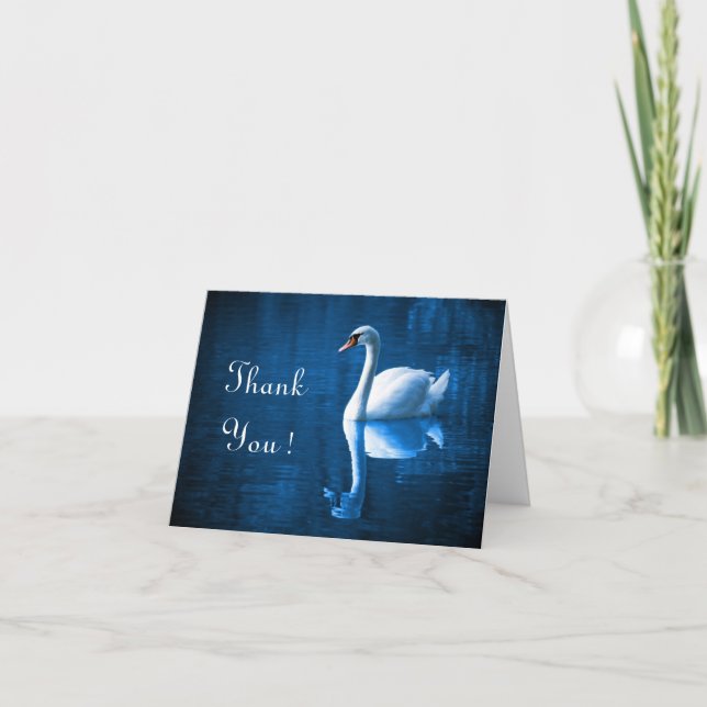 Pretty white swan floating on a blue lake thank you card (Front)