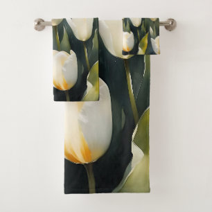 Pretty white tulips garden watercolor painting bath towel set
