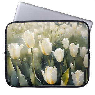 Pretty white tulips garden watercolor painting laptop sleeve