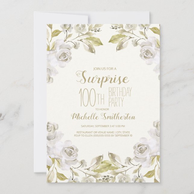 Pretty White Watercolor Floral 100th Birthday Invitation (Front)