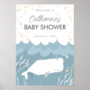 Pretty White Whale Baby Shower Sign Poster