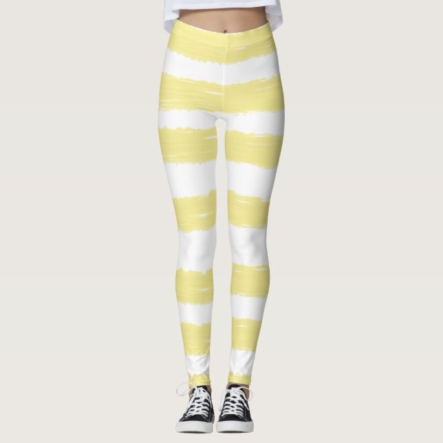 Pretty White Yellow Stripes Leggings (Front)