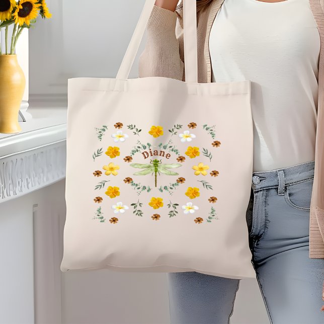 Pretty Wild Flowers Dragonfly in Gold with Name Tote Bag (Creator Uploaded)